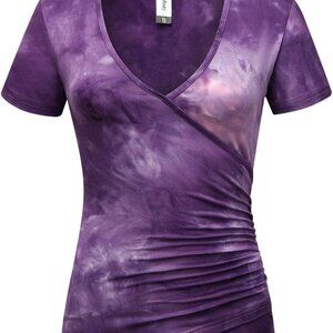 Women's V Neck Wrap Top Short Sleeve Slim Fit Knitted Fabric Casual Work